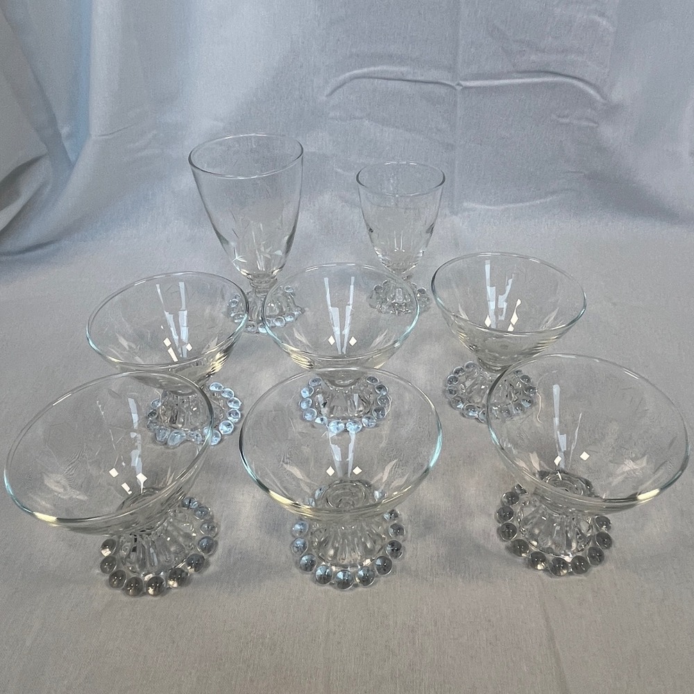 Vintage Etched Rose Boopie Glassware Set Mixed 7 Piece Clear Beaded Base